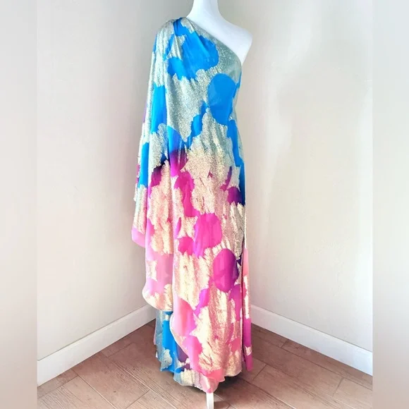 Halston Nisa Gown Printed Fil Coupe Fuschia Turquoise Gold One-Shoulder Dress 4 - Picture 7 of 16